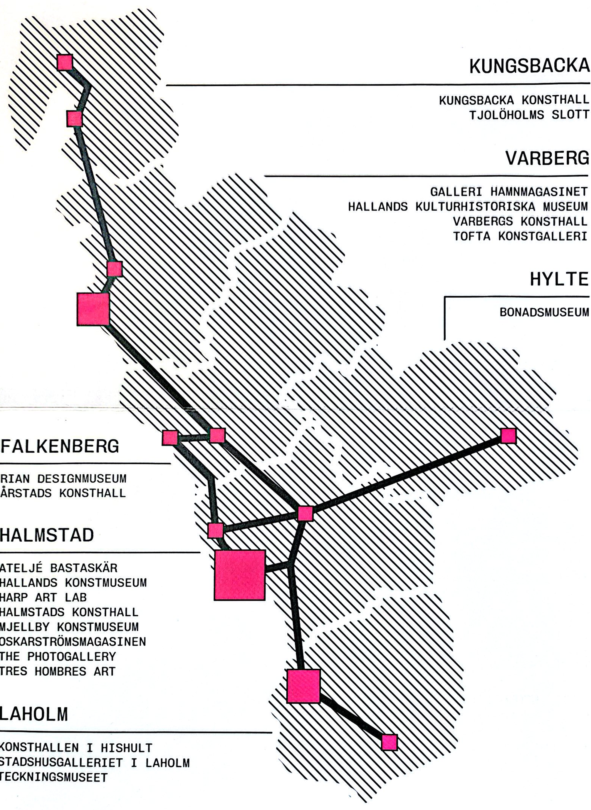Map of Halland showing 22 art institutions across 6 municipalities