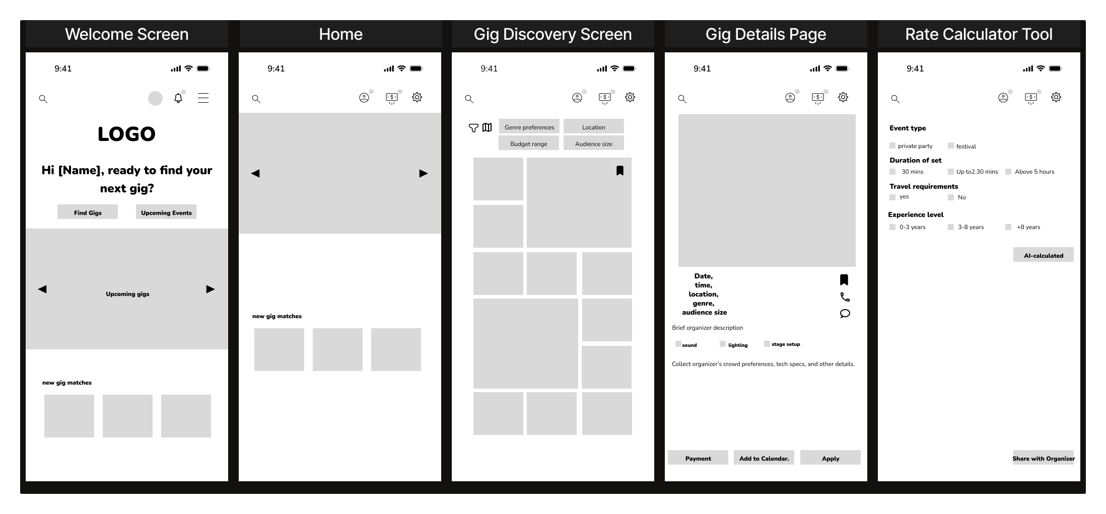 Lo-fi wireframes main flows