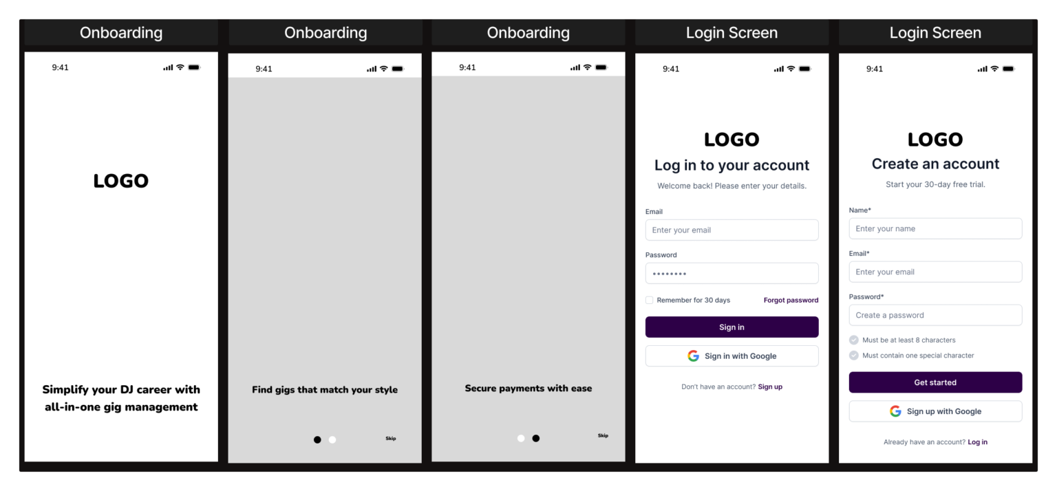 Lo-fi wireframes onboarding and login