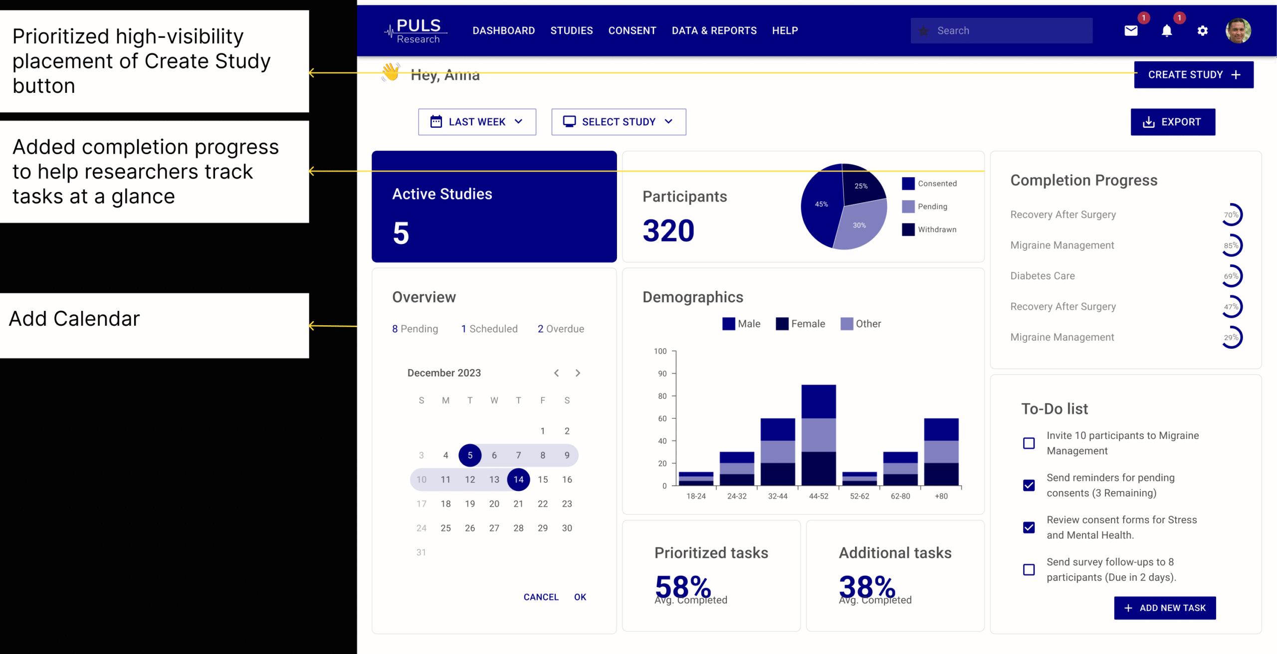 Redesigned Puls dashboard annotated