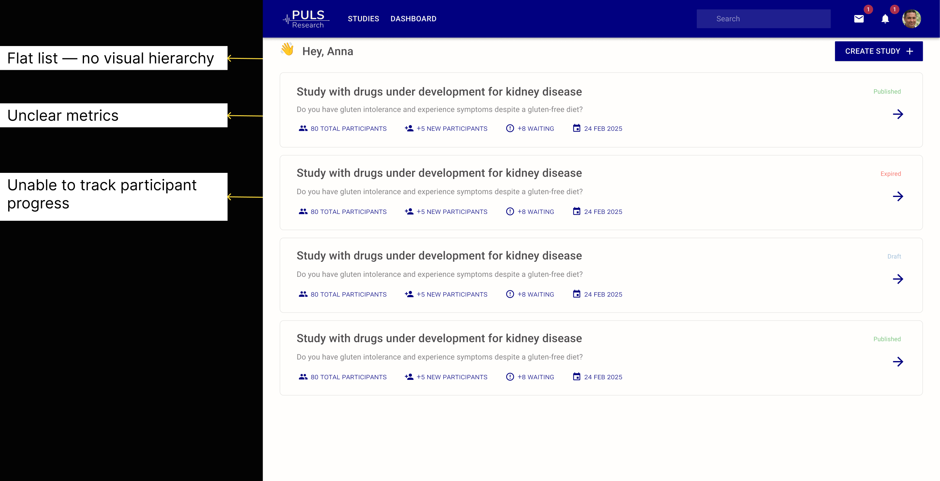 Original Puls dashboard annotated problems